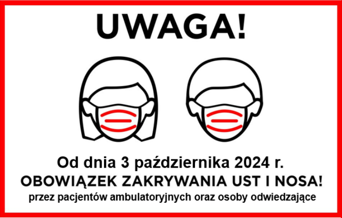 Obowiązek zakrywania ust i nosa przy pomocy maseczki przez pacjentów ambulatoryjnych oraz osoby odwiedzające.